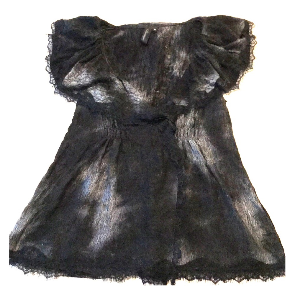 Black and grey shawl collar shirt w/ eyelash lace